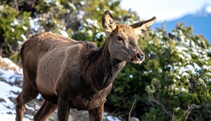 Obraz premium Deer in snowy mountain landscape