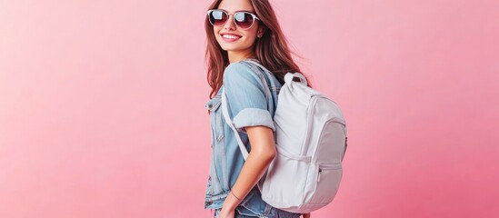 Woman with sunglasses and backpack smiles on a pink background, wearing denim jacket