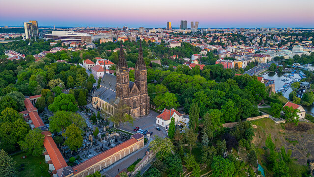 Sunset aerial view of Saints Peter and Paul Basilica at vysehrad