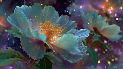   A close-up of a blue flower with green leaves on a purple and blue background, adorned with golden flecks