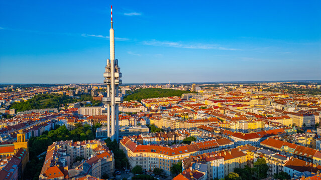 Sunset panorama view of Zizkov TV tower overlooking Prague, Czec