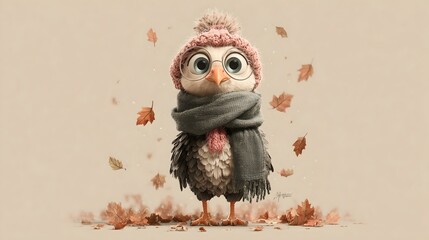 Cartoon turkey with oversized eyes wearing a scarf and hat celebrates Thanksgiving with falling autumn leaves