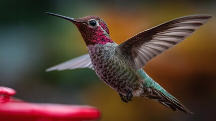 Fototapeta premium A close-up of a hummingbird hovering in the air with iridescent feathers against a blurred neutral background
