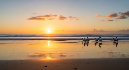 Stunning sunset view with surfers on the beach.