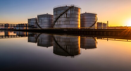 Naklejka premium Oil Tanks at Sunset Reflection.