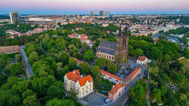 Sunset aerial view of Saints Peter and Paul Basilica at vysehrad