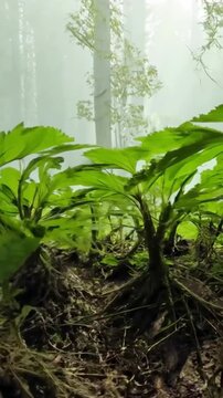 Fantasy forest floor with large green mandrake like plants and misty atmosphere in magical woodland setting. Concept of mythical herb, enchanted nature, magical plant, fantasy botany