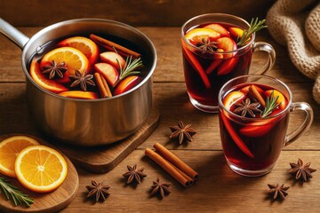 Delicious and Aromatic Mulled Drink with Fresh Fruits, Cinnamon Sticks, and Star Anise Perfect for Cozy Gatherings and Winter Celebrations