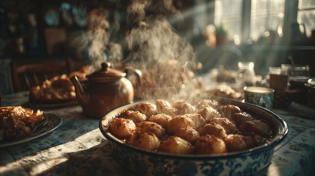 Thanksgiving dinner centerpiece featuring a nostalgic family gathering with home-cooked dishes and warm lighting