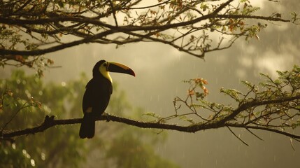 A toucan rests on a tree branch in the morning light in a misty jungle, photographic style. Beautiful and colorful birds in nature