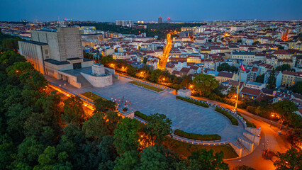 Naklejka premium Sunset panorama view of Vitkov memorial in Prague, Czech republi