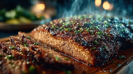    a cut of meat on a wooden cutting board, with a plate of colorful vegetables in the background