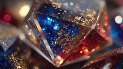   A blue, red, and gold glass object in close-up with a red, white, and blue blurry background