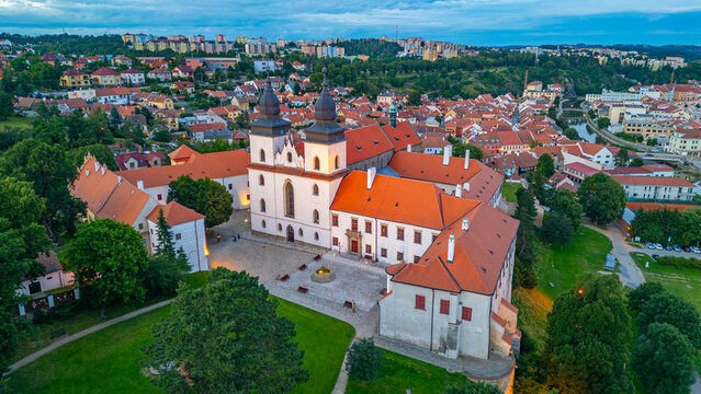 Sunset view of Saint Prokop basilica in Trebic in Czech republic