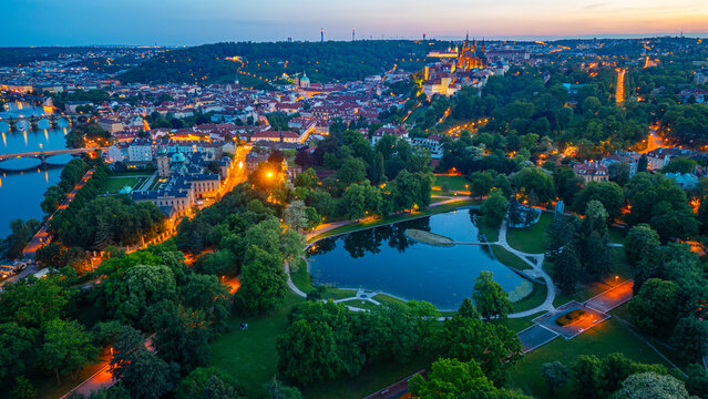 Sunset view of Prague castle from Letna, Czech republic