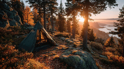   A tent was pitched atop a mountain peak, where sunlight filtered through the trees and a distant body of water could be seen