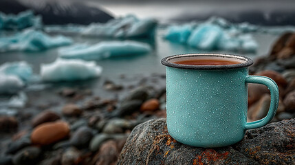   A teacup perched atop a rock, adjacent to an expanse of water featuring towering icebergs