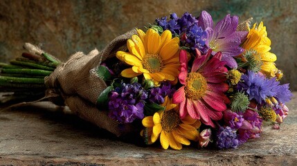   A bouquet of flowers sits atop a piece of burlock beside a burlap sack of burdock