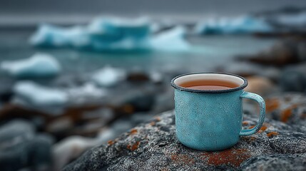   Cup of tea resting on top of rock near water with icebergs in backdrop