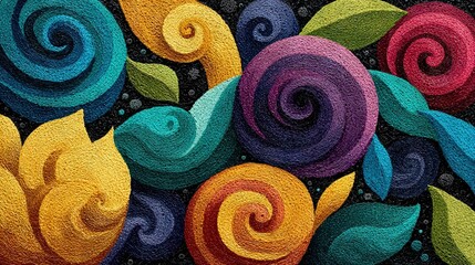   A vibrant painting showcases a bouquet of flowers against a dark backdrop, featuring swirls in red, yellow, blue, green, and purple