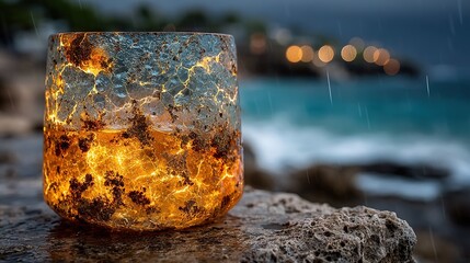   A lit candle perched atop a rock, overlooking a serene body of water and a sprawling cityscape in the background