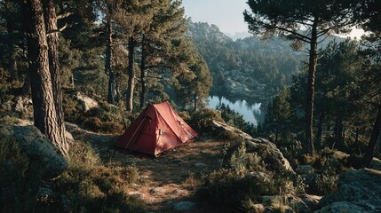   A tent positioned amidst a dense forest, with a tranquil lake nestled within the enclosing woodlands