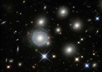 Fototapeta premium Vast deep field of distant galaxies, each a spiral or ellipse of billions of stars, showcasing cosmic wonders.