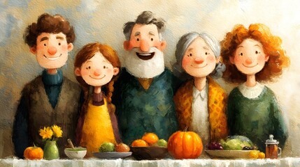 Thanksgiving gathering of a joyful family celebrating together with a festive table of food and decorations