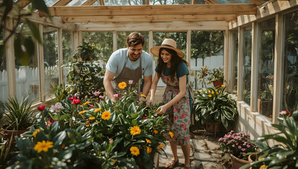 Man with gentle facial features and medium brown skin and woman with bright smile and fair skin take care of lush green plants and vibrant flowers, gardening together in a tiny cozy orangery 