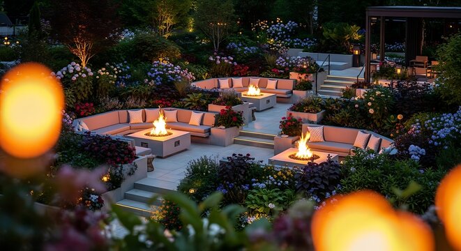 Luxury Outdoor Patio with Fire Pits at Night.