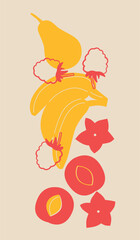 Colorful flat style illustration of assorted fruits and vegetables, whole and cut into slices. Minimal modern artwork for healthy food themes, packaging design, posters and decorative projects.	
