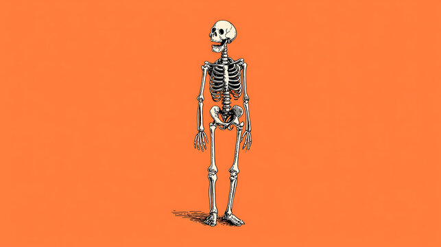 Vintage Halloween cartoon illustration with skeleton characters, orange background