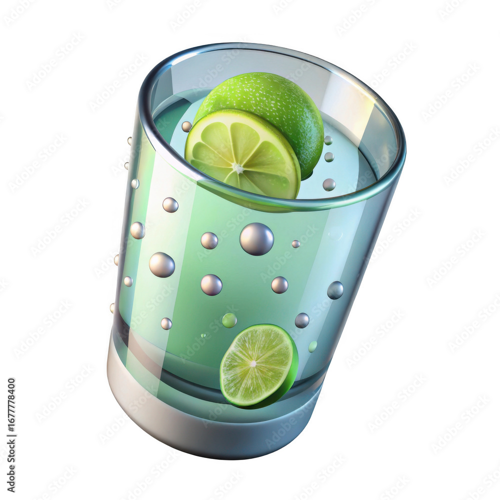 Poster 3d refreshing lime drink with ice cubes isolated on transparent background