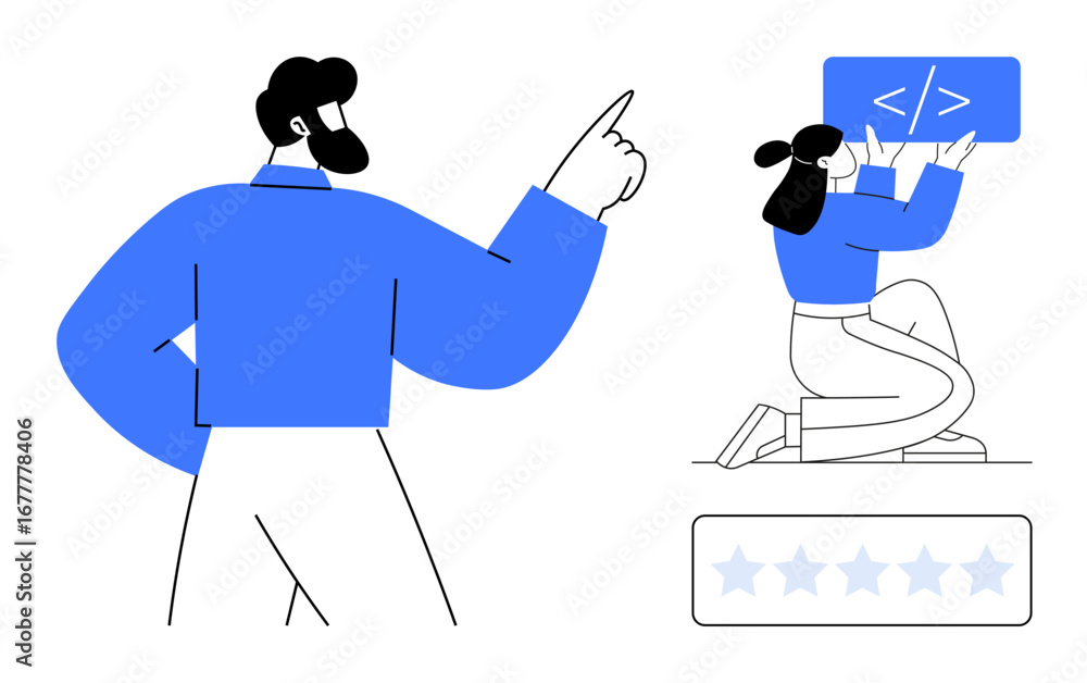 Poster team member points at coding interface while colleague kneels, engaging with code review. ideal for 