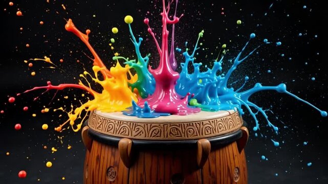 Vibrant paint bursts rhythmically from a wooden drum