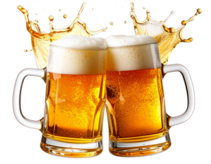 Beer mugs with splash isolated on transparent background png