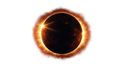 Eclipse isolated on white background, showing the dramatic alignment of the sun and moon, capturing the celestial solar or lunar event. With red rays 