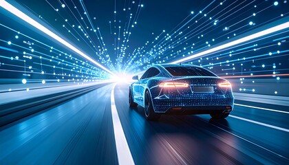 A futuristic automobile navigates a digital tunnel, its form composed of interconnected points of light.
