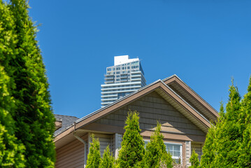 Top of luxury house with shingle roof and nice windows in Summer in Vancouver, Canada, North...