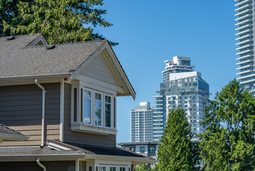 Top of luxury house with shingle roof and nice windows in Summer in Vancouver, Canada, North America. Day time on August 2025.