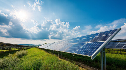 Solar panels in a green field under a bright sky capture renewable energy, symbolizing sustainability, innovation, and clean power production.