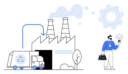 Factory emitting smoke, recycling truck unloading, businessman holding lightbulb. Ideal for sustainability, innovation, recycling, eco-industry, clean energy, environmental care green business