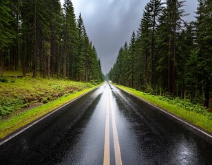 a straight wet road reflects pine trees on either side cutting through a dense green forest after a rainfall under an overcast sky