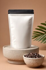 White coffee pouch on beige pedestal