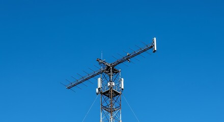 Telecommunication tower soaring against the expansive blue sky representing modern connectivity