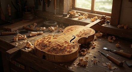 A beautifully crafted string instrument with intricate leaf inlay rests on a rustic luthier's workbench, surrounded by wood shavings and carving tools in soft, dusty sunlight.