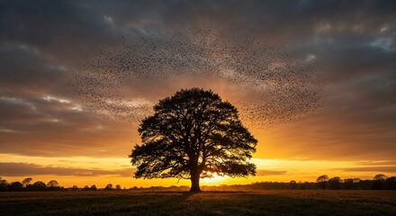 A majestic tree stands silhouetted against a vibrant orange and gray sunset sky, while a massive flock of birds performs a stunning murmuration above a serene field.