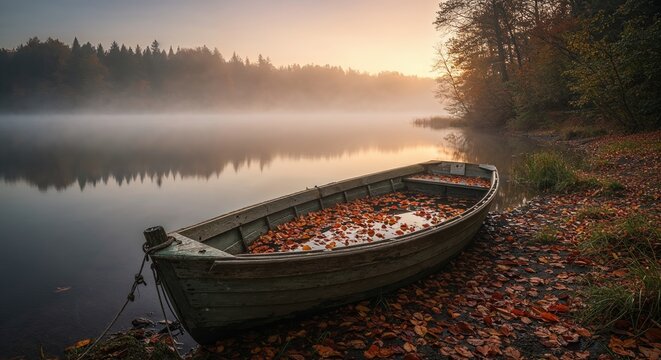 An old weathered wooden boat filled with autumn leaves rests on a misty lake shore during a serene golden sunrise, reflecting a dense forest. - Powered by Adobe