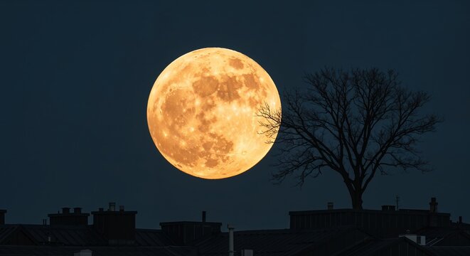 A vibrant orange full moon dominates a dark blue night sky, partially obscured by the intricate silhouette of a leafless tree and the dark rooftops and chimneys of urban buildings.