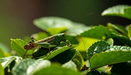 Grasshoppers Mating on Green Leaves in Sunlight.